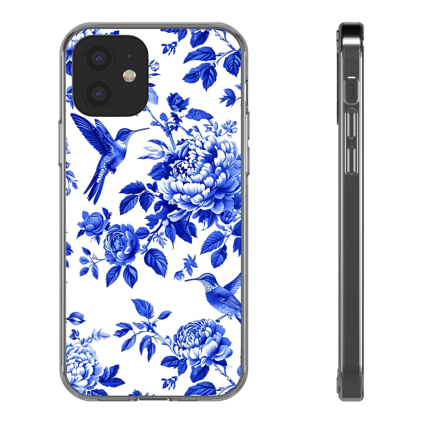 Elegant Floral Clear Phone Case - Blue Hummingbird & Peony Design