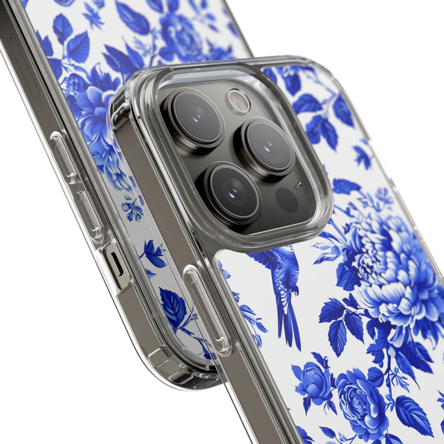 Elegant Floral Clear Phone Case - Blue Hummingbird & Peony Design