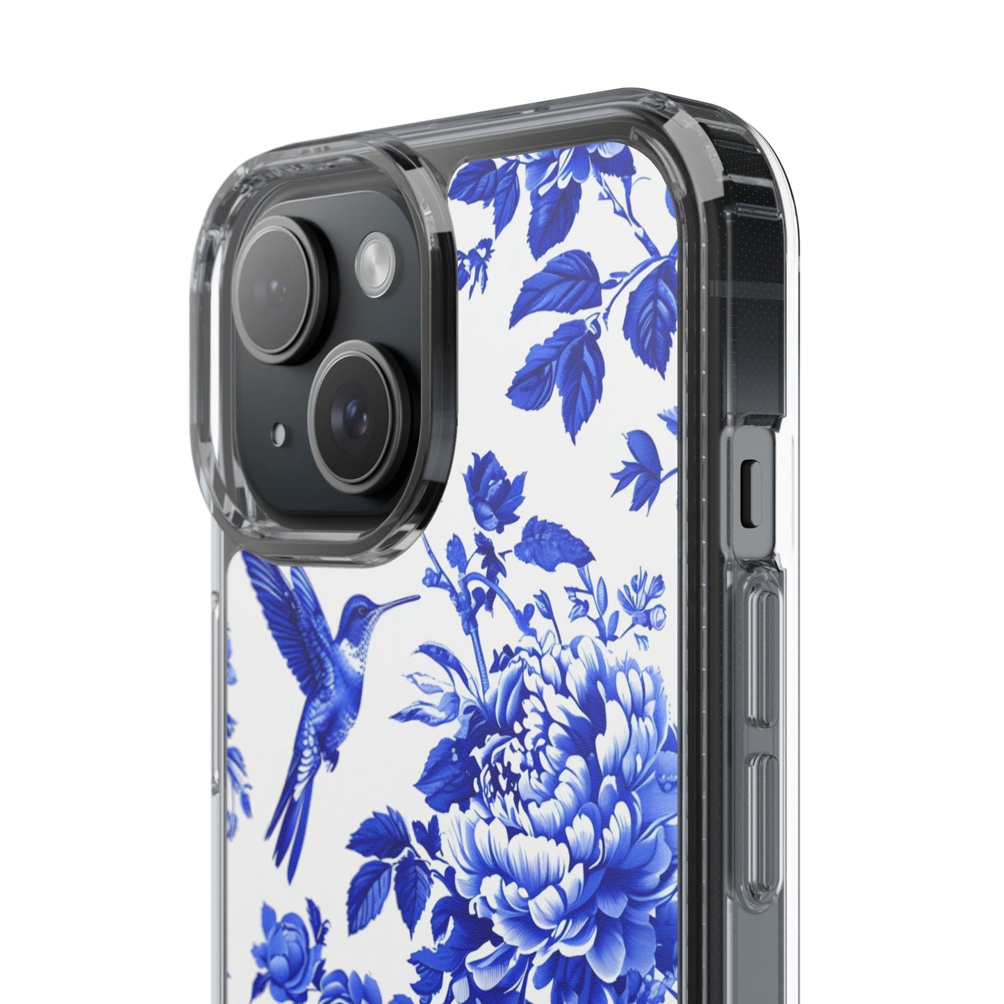 Elegant Floral Clear Phone Case - Blue Hummingbird & Peony Design