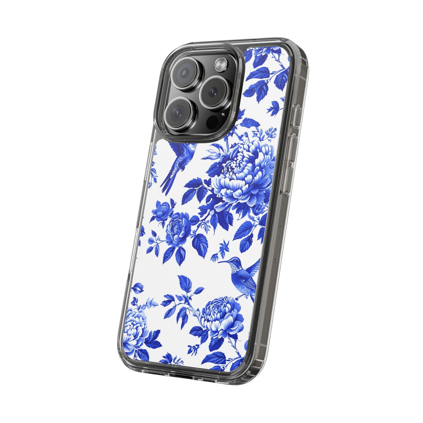 Elegant Floral Clear Phone Case - Blue Hummingbird & Peony Design