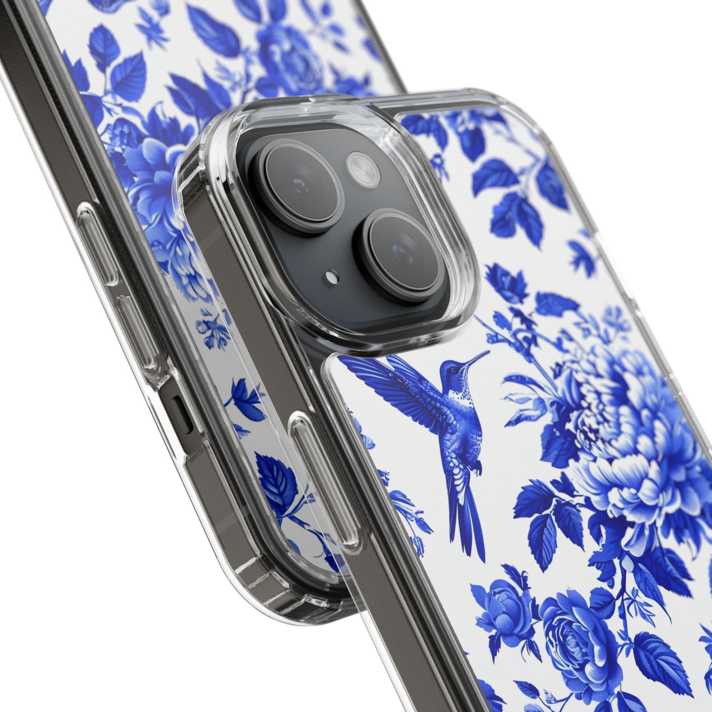 Elegant Floral Clear Phone Case - Blue Hummingbird & Peony Design