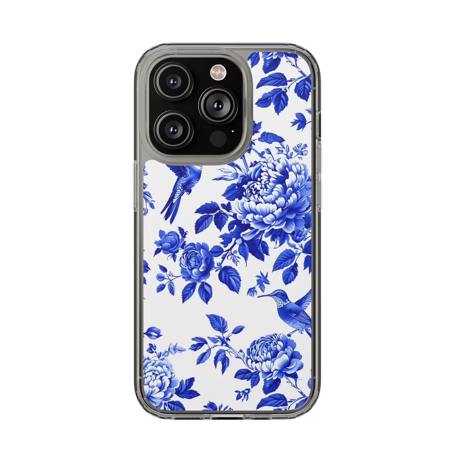 Elegant Floral Clear Phone Case - Blue Hummingbird & Peony Design