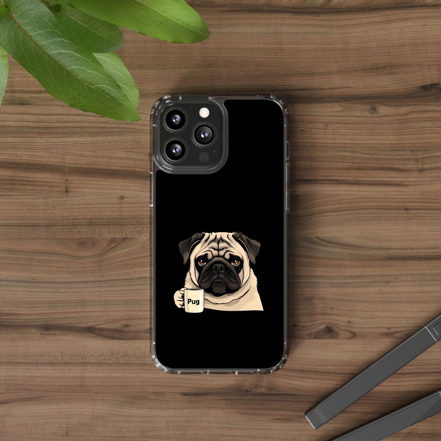 Pug Dog Clear Case with Coffee Mug Design - Cute Phone Cover