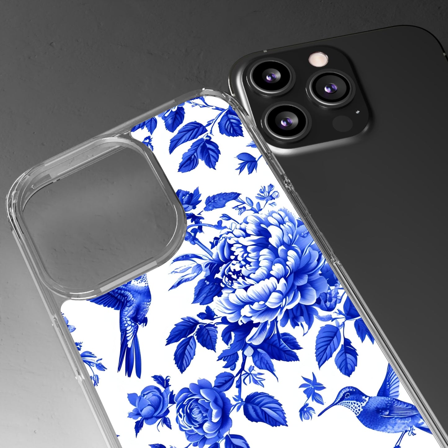 Elegant Floral Clear Phone Case - Blue Hummingbird & Peony Design
