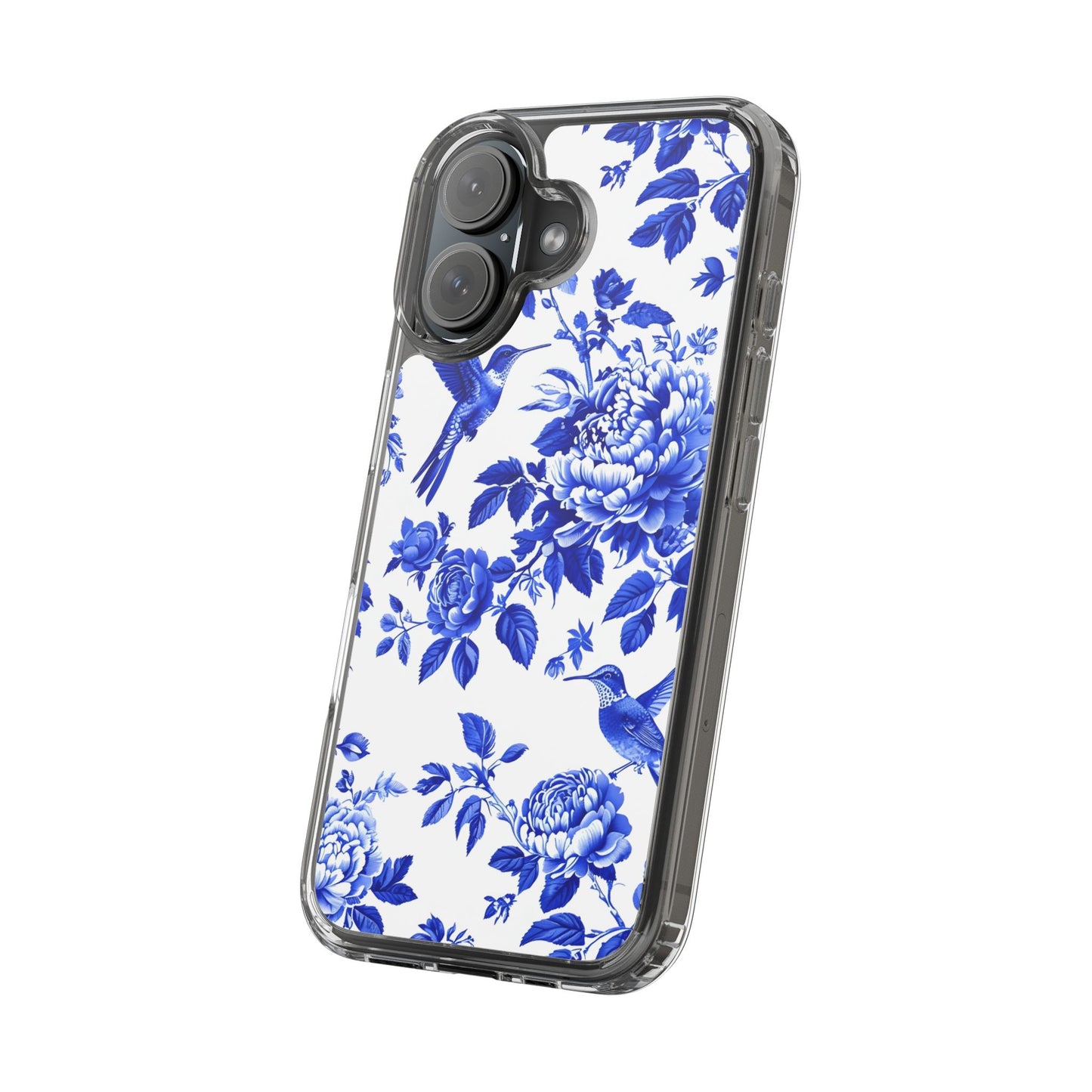 Elegant Floral Clear Phone Case - Blue Hummingbird & Peony Design