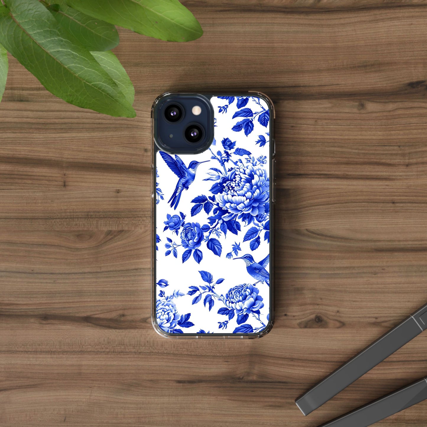 Elegant Floral Clear Phone Case - Blue Hummingbird & Peony Design