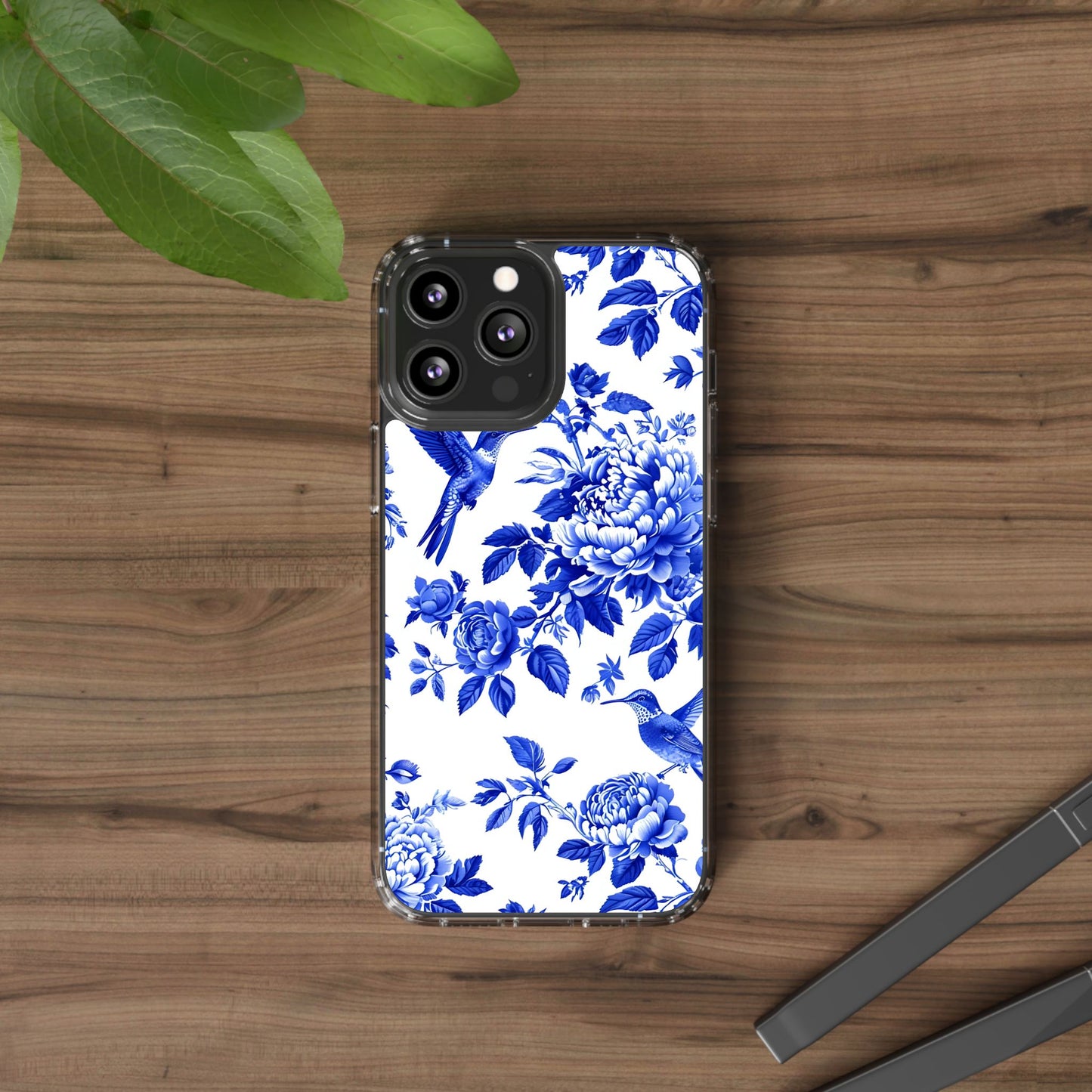Elegant Floral Clear Phone Case - Blue Hummingbird & Peony Design