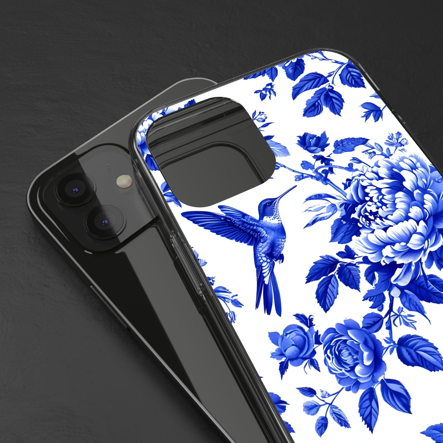 Elegant Floral Clear Phone Case - Blue Hummingbird & Peony Design
