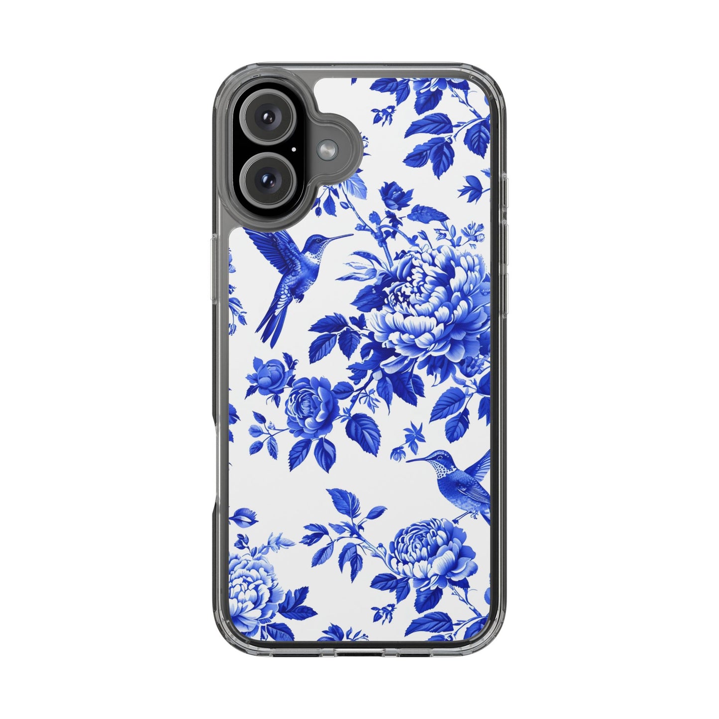 Elegant Floral Clear Phone Case - Blue Hummingbird & Peony Design