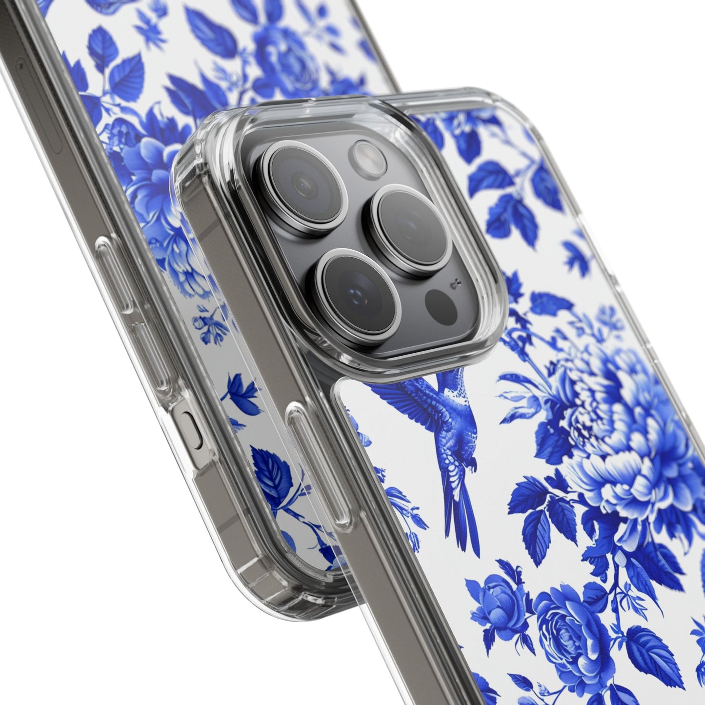 Elegant Floral Clear Phone Case - Blue Hummingbird & Peony Design