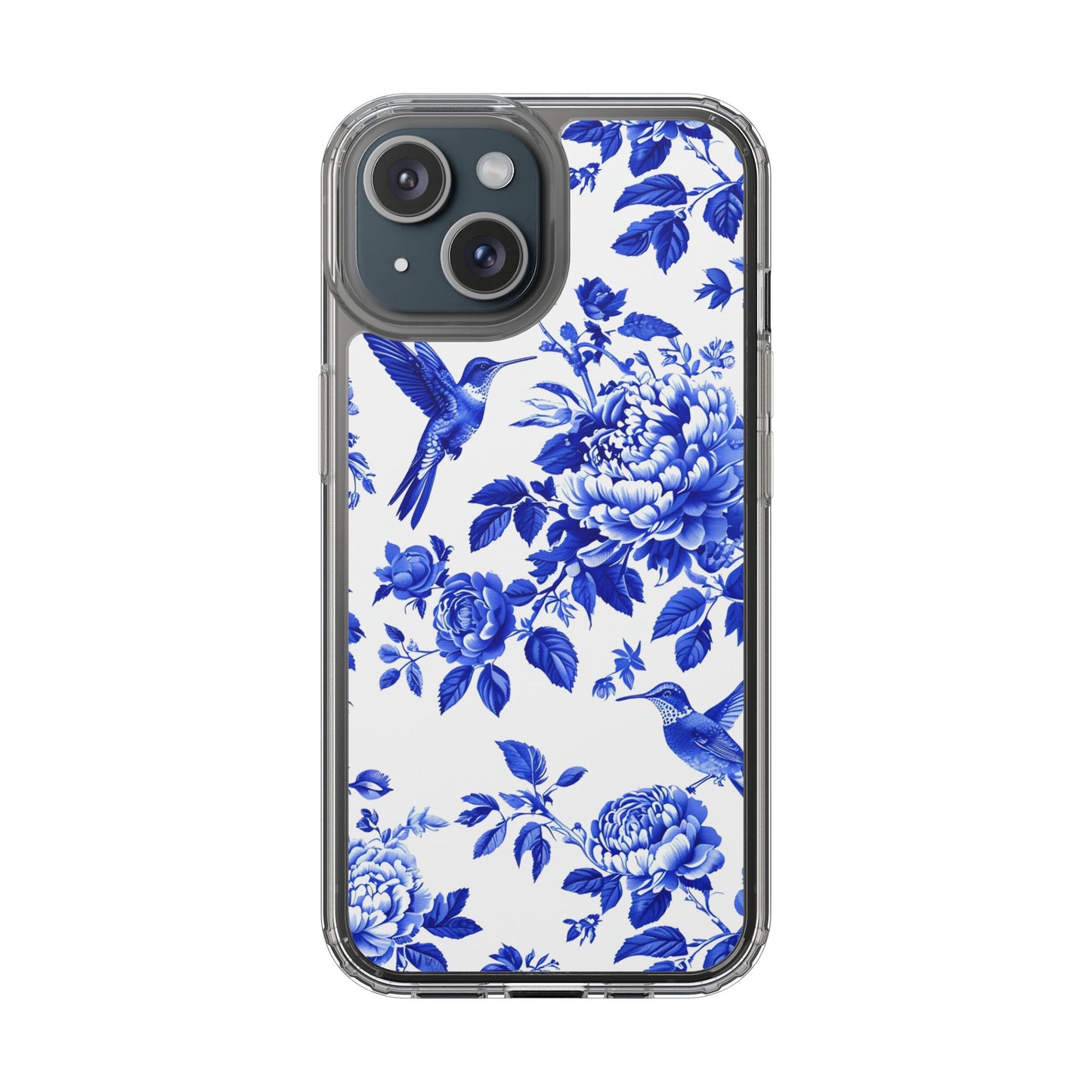 Elegant Floral Clear Phone Case - Blue Hummingbird & Peony Design