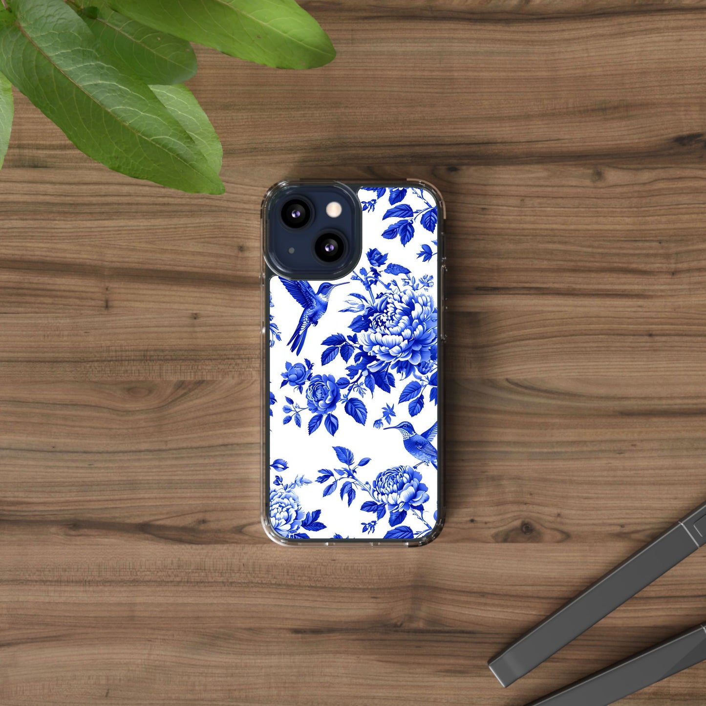 Elegant Floral Clear Phone Case - Blue Hummingbird & Peony Design