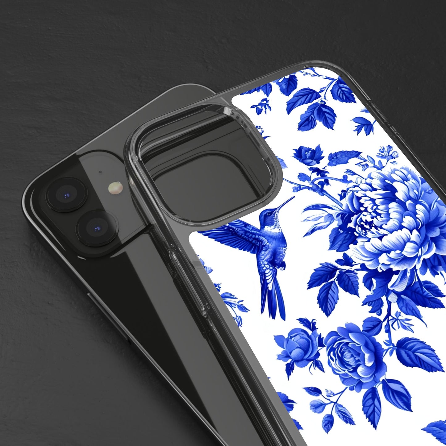 Elegant Floral Clear Phone Case - Blue Hummingbird & Peony Design
