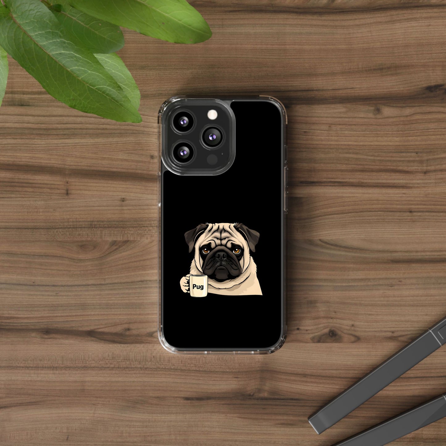 Pug Dog Clear Case with Coffee Mug Design - Cute Phone Cover