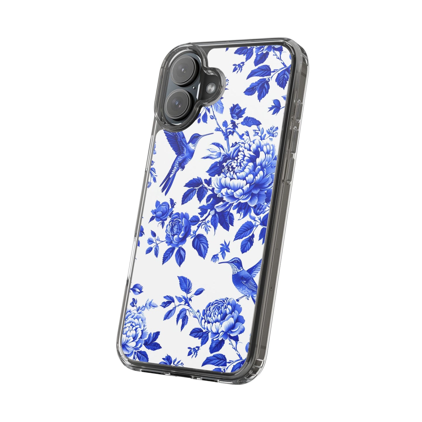 Elegant Floral Clear Phone Case - Blue Hummingbird & Peony Design