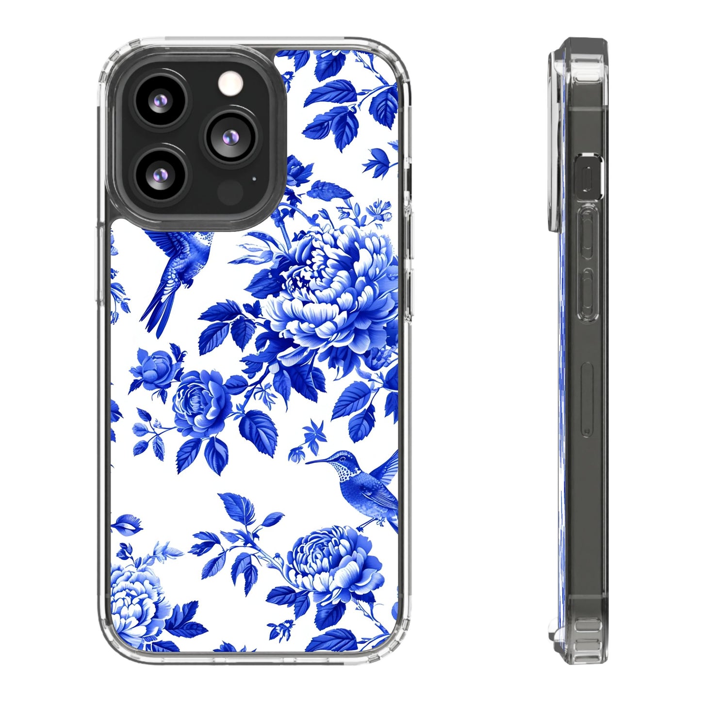 Elegant Floral Clear Phone Case - Blue Hummingbird & Peony Design