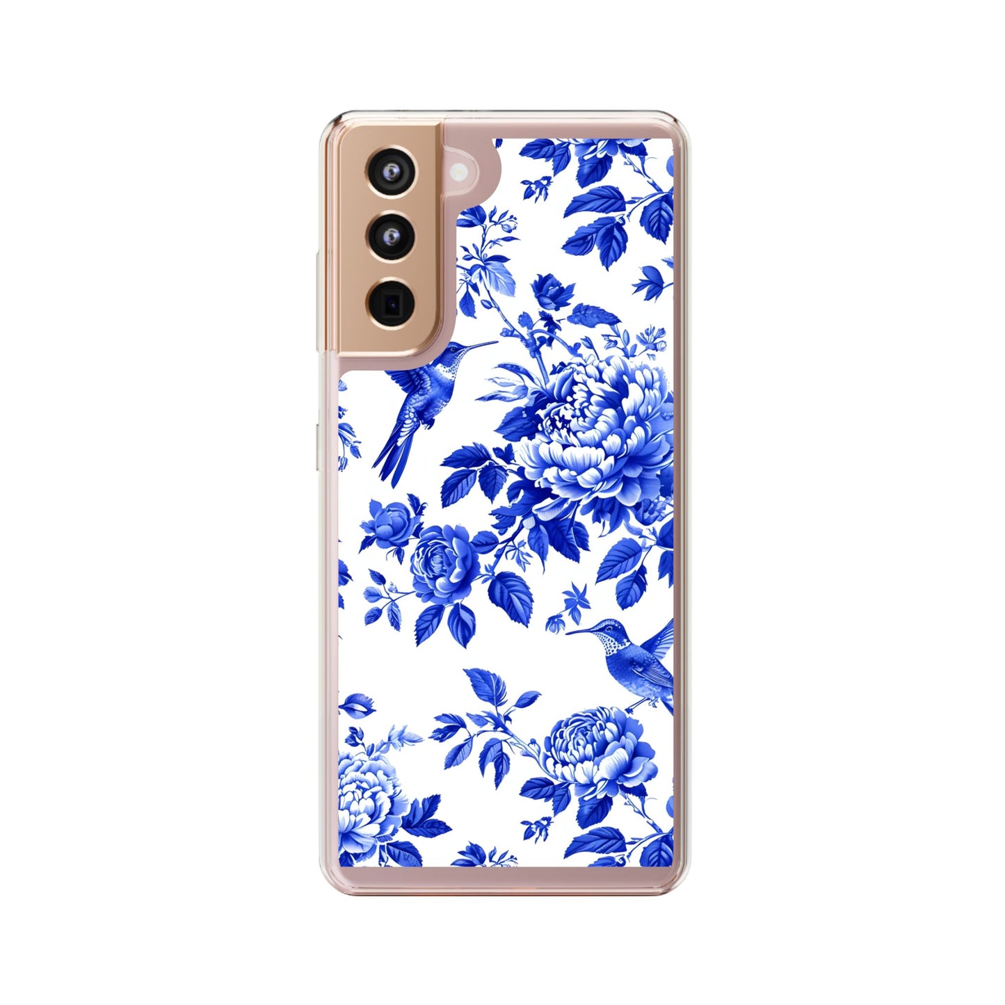 Elegant Floral Clear Phone Case - Blue Hummingbird & Peony Design