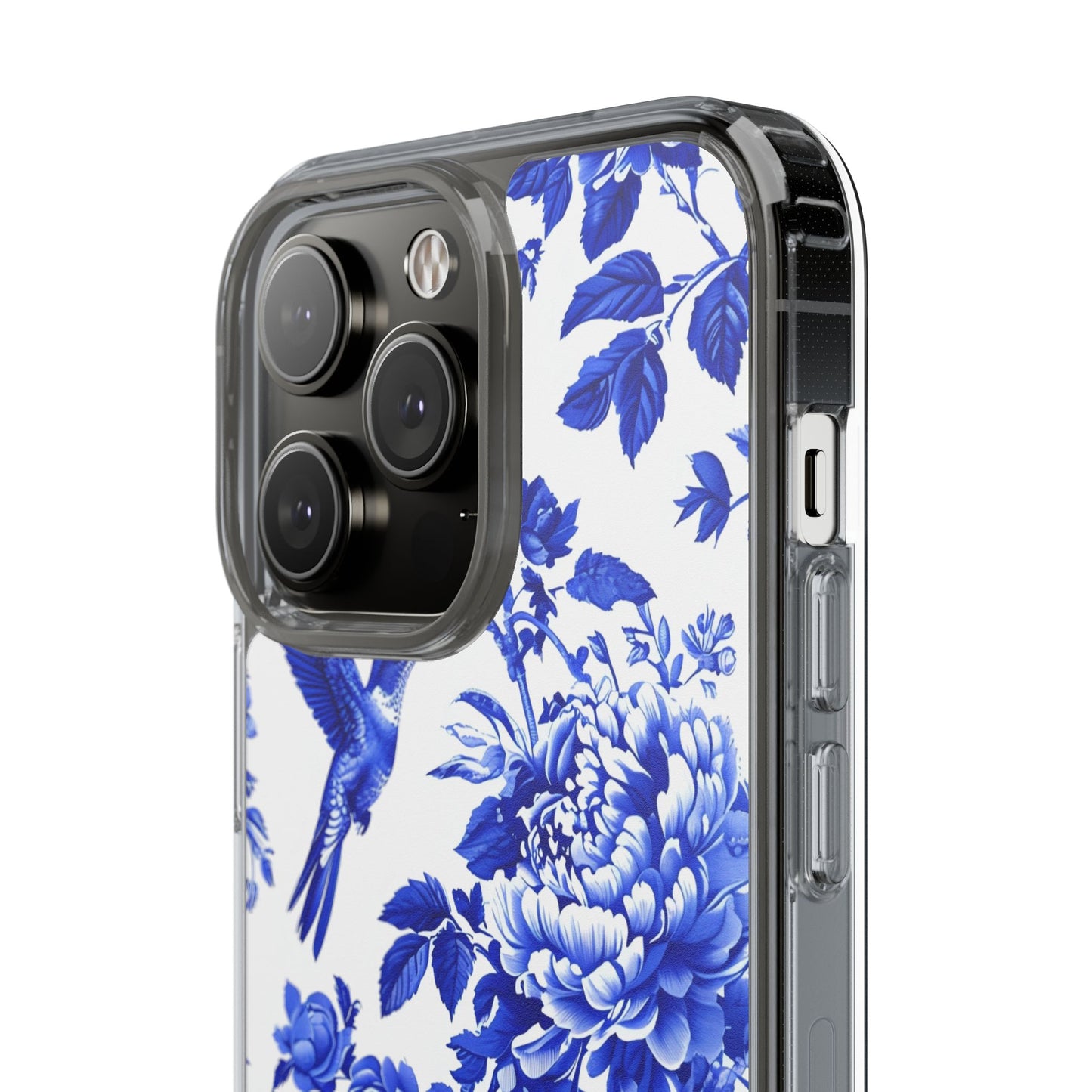 Elegant Floral Clear Phone Case - Blue Hummingbird & Peony Design