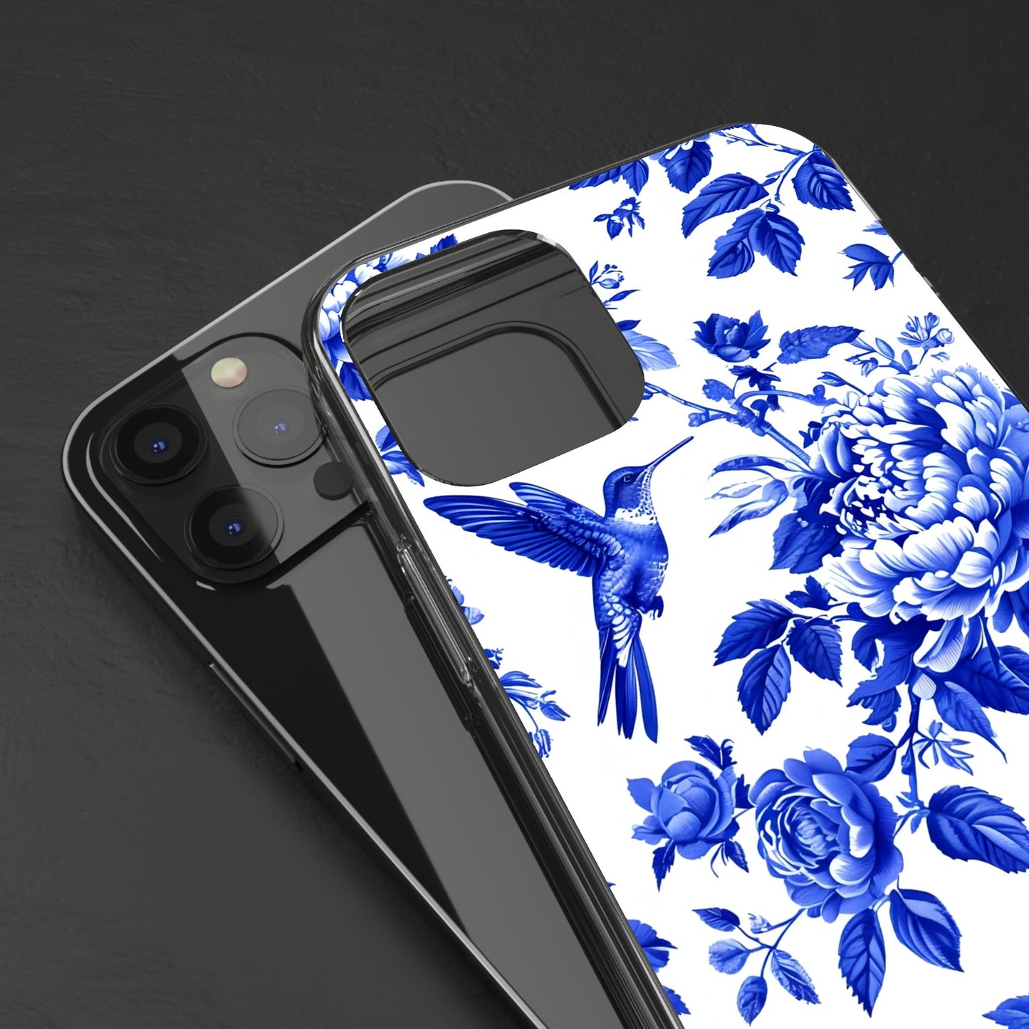 Elegant Floral Clear Phone Case - Blue Hummingbird & Peony Design