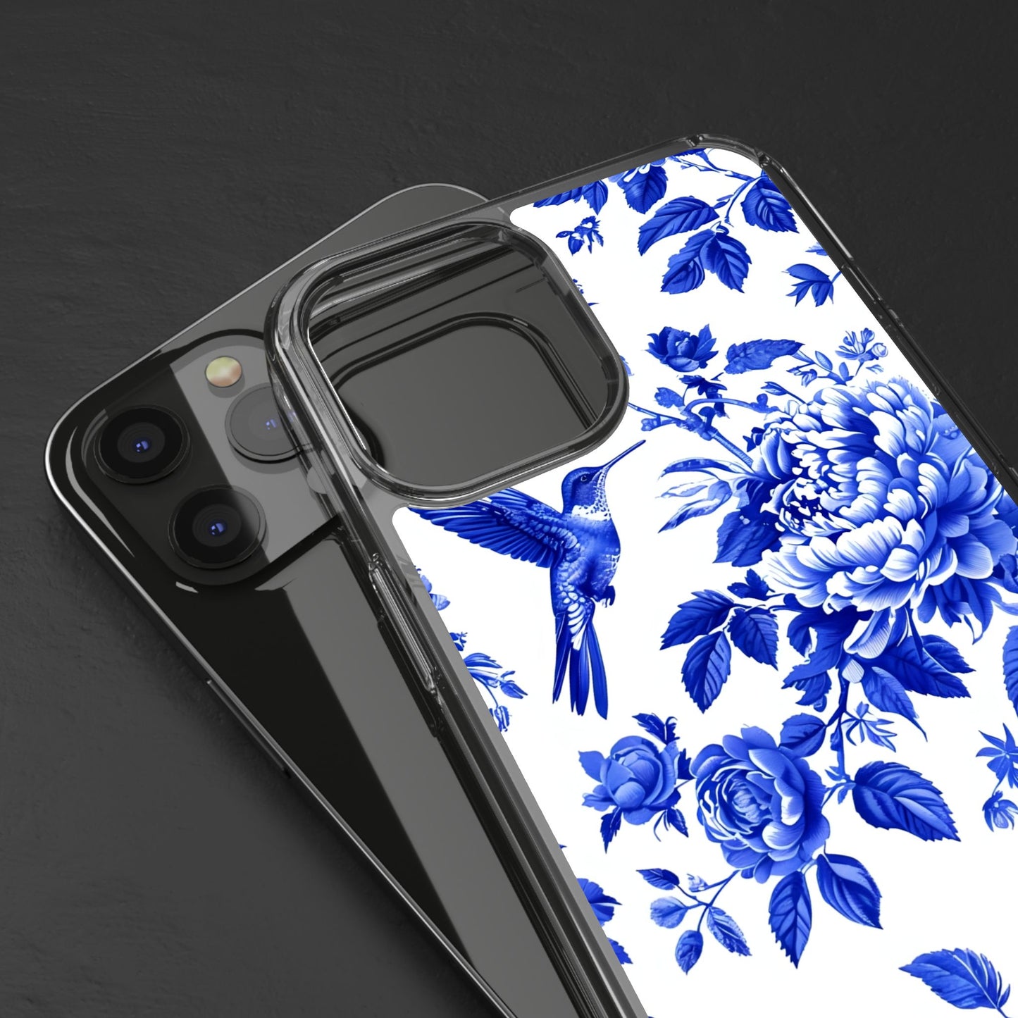Elegant Floral Clear Phone Case - Blue Hummingbird & Peony Design
