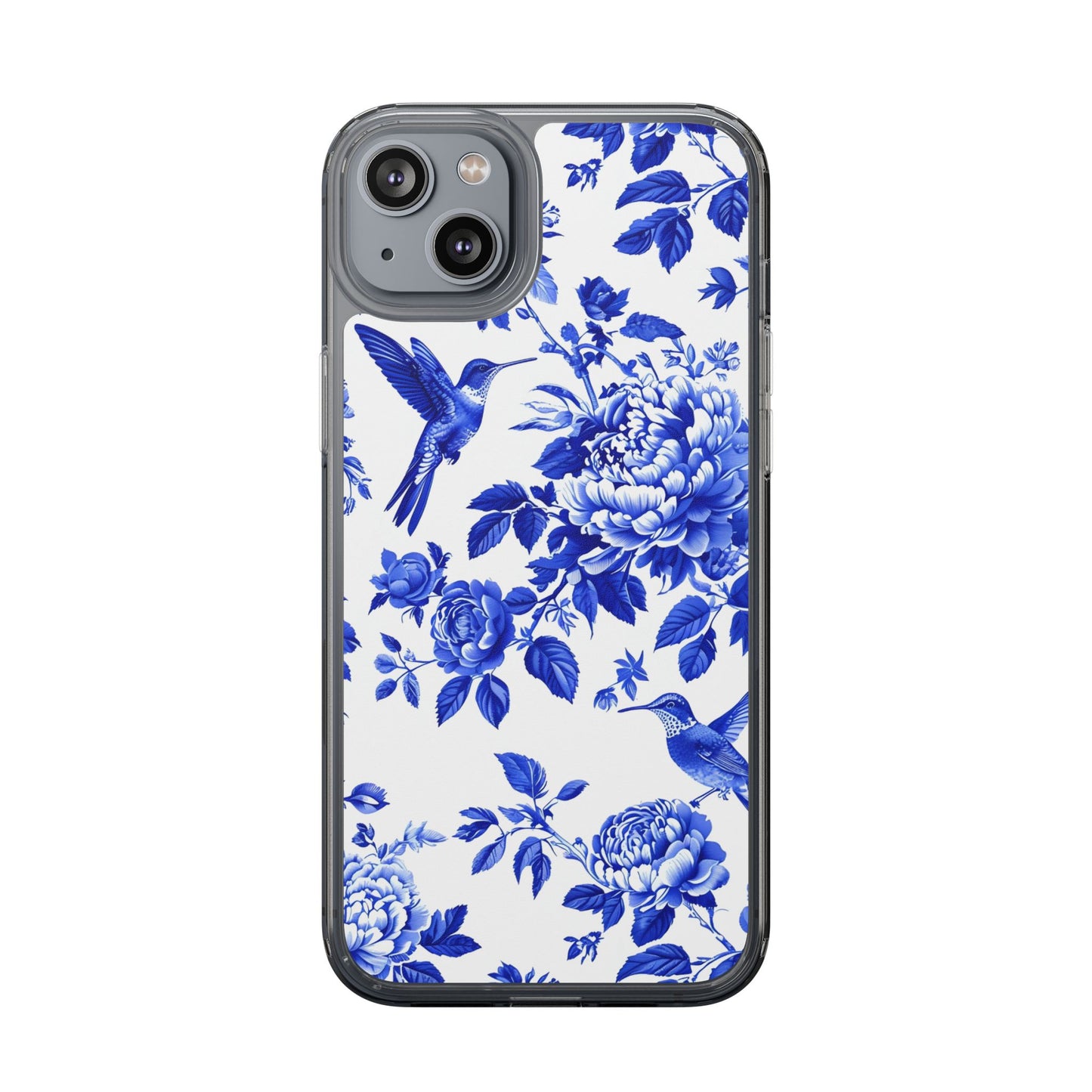 Elegant Floral Clear Phone Case - Blue Hummingbird & Peony Design