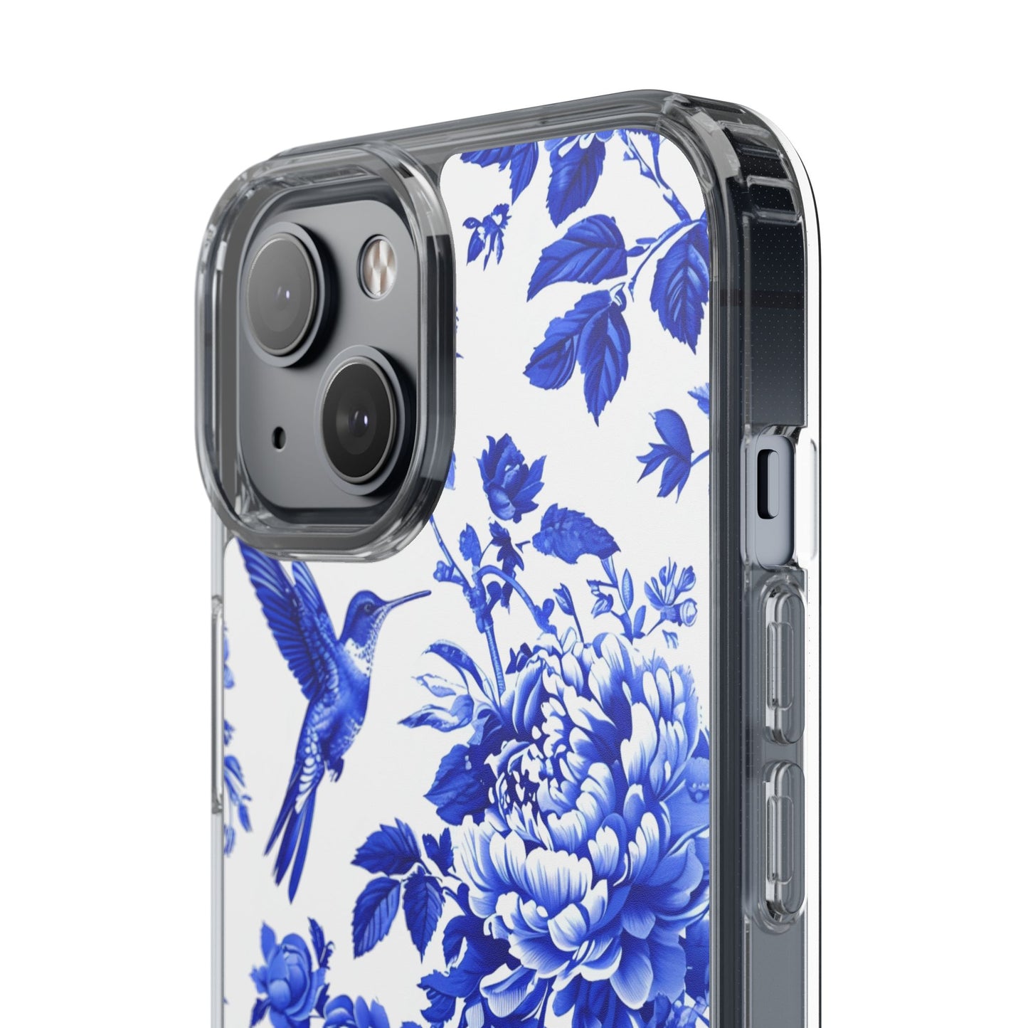 Elegant Floral Clear Phone Case - Blue Hummingbird & Peony Design