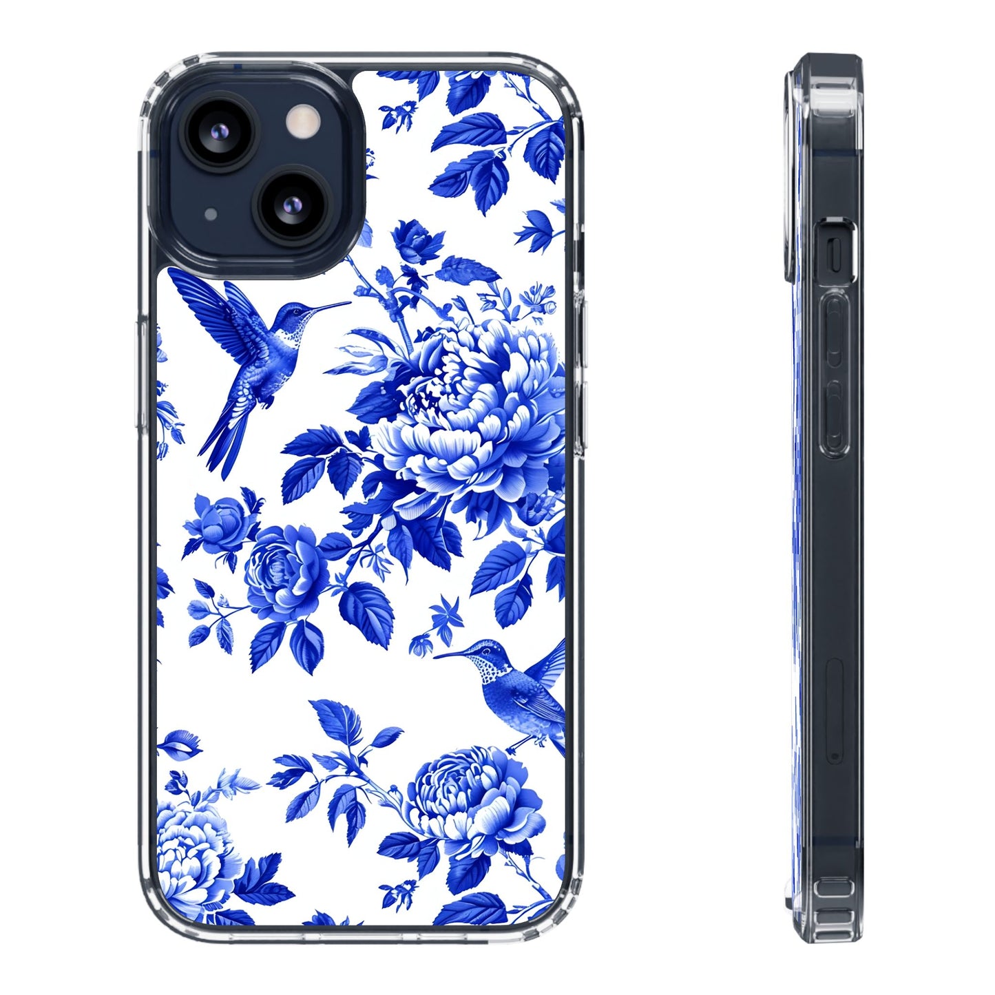 Elegant Floral Clear Phone Case - Blue Hummingbird & Peony Design