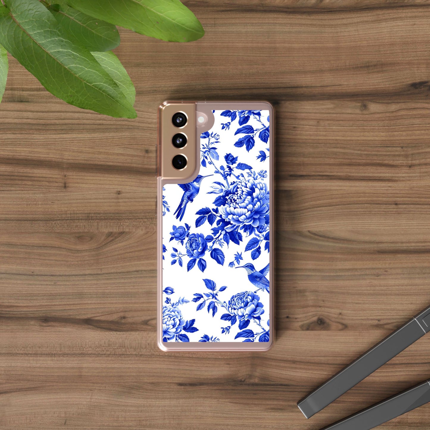 Elegant Floral Clear Phone Case - Blue Hummingbird & Peony Design