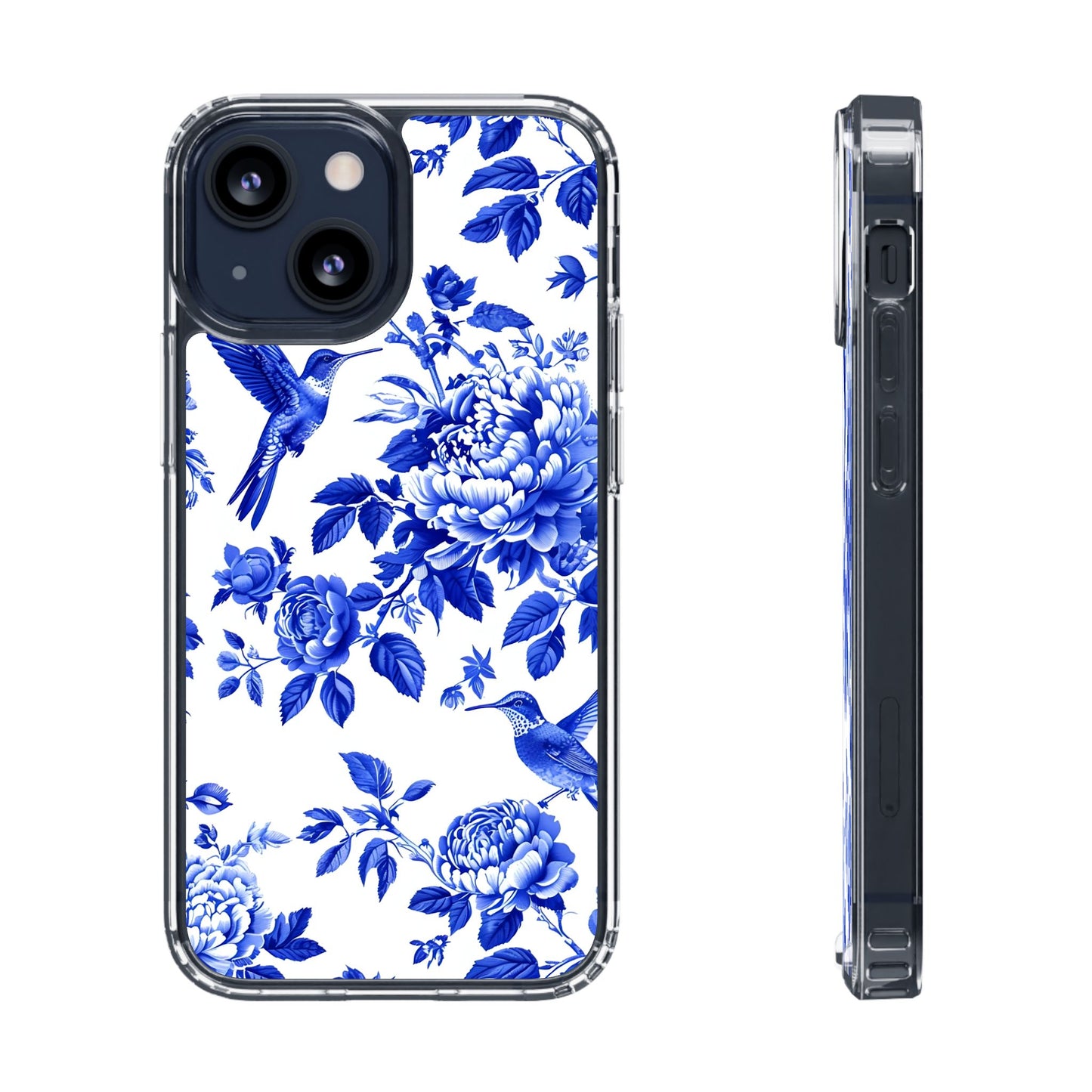 Elegant Floral Clear Phone Case - Blue Hummingbird & Peony Design