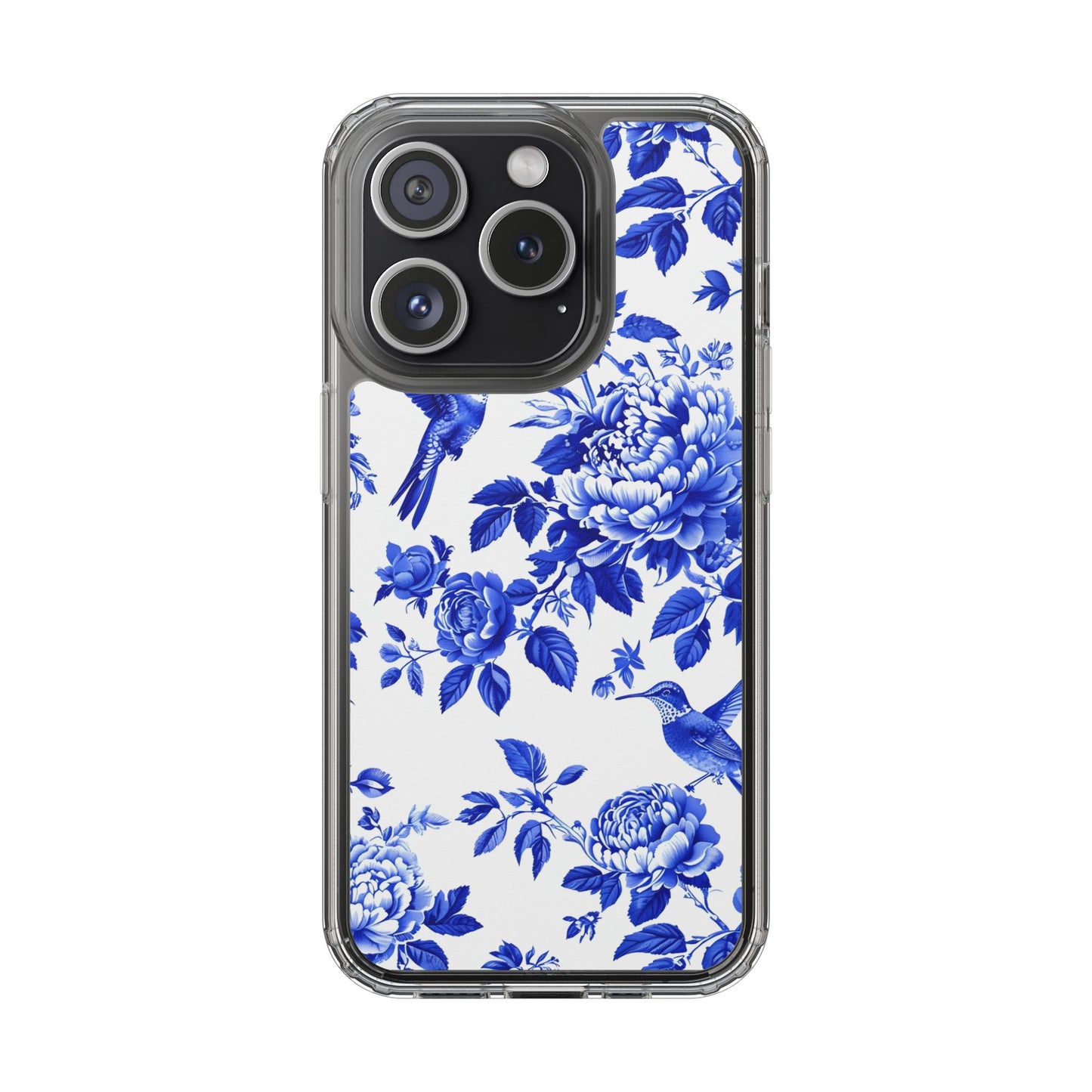 Elegant Floral Clear Phone Case - Blue Hummingbird & Peony Design