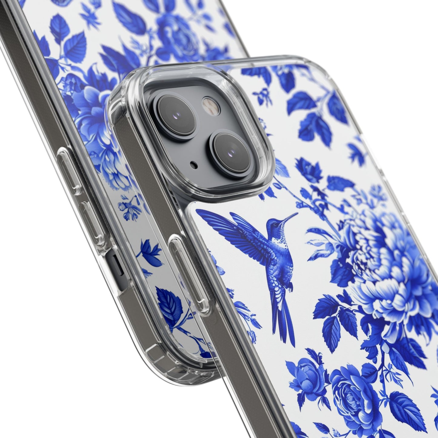 Elegant Floral Clear Phone Case - Blue Hummingbird & Peony Design