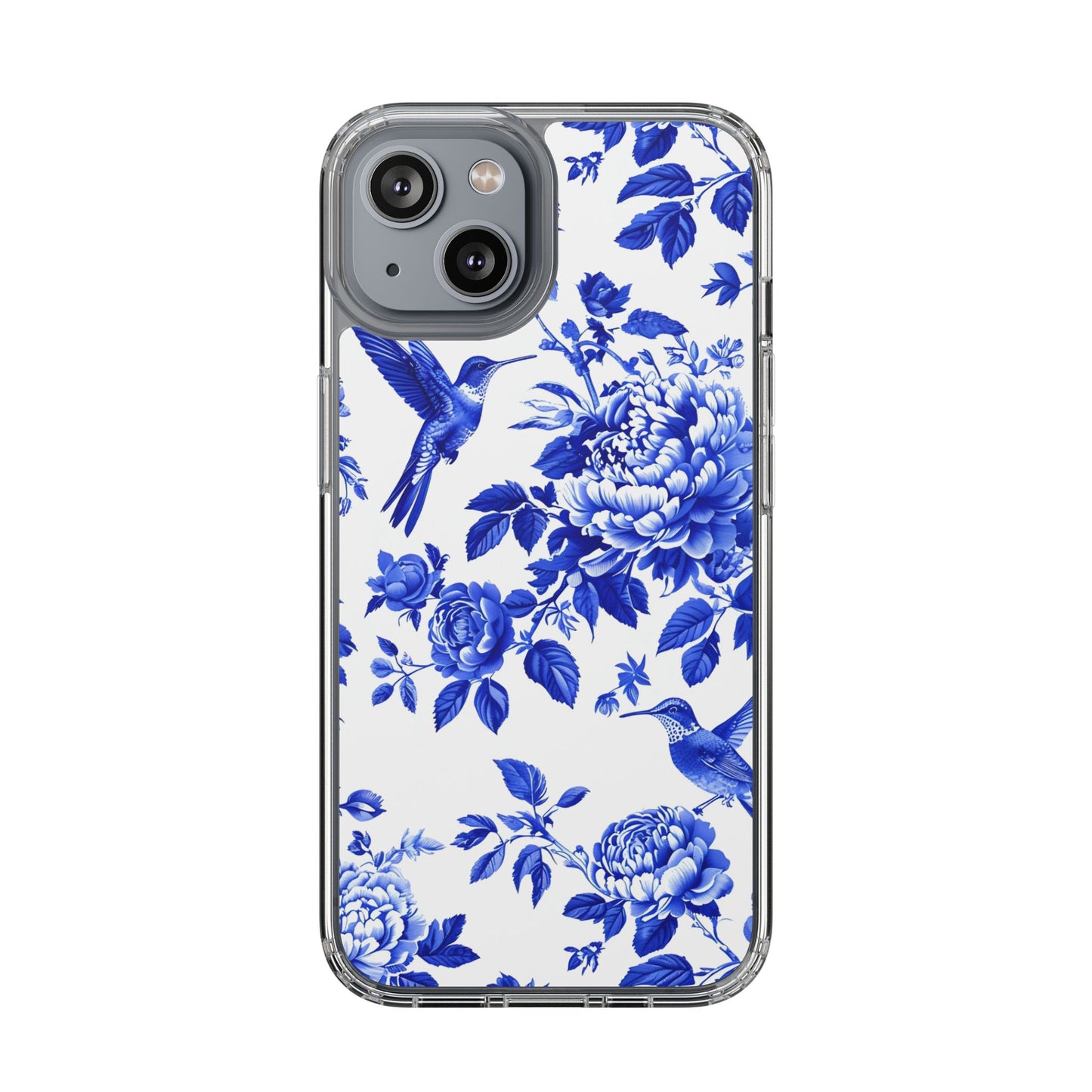 Elegant Floral Clear Phone Case - Blue Hummingbird & Peony Design