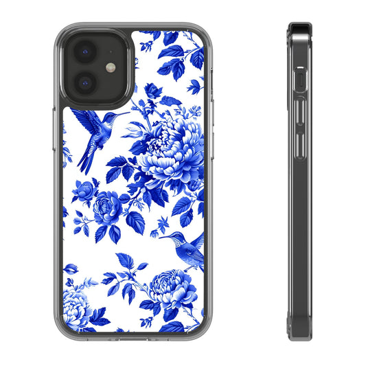 Elegant Floral Clear Phone Case - Blue Hummingbird & Peony Design