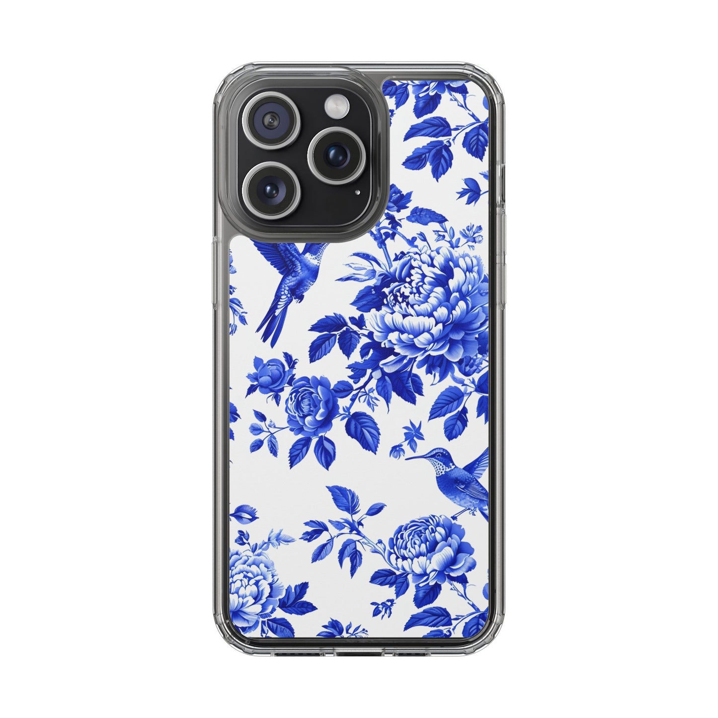 Elegant Floral Clear Phone Case - Blue Hummingbird & Peony Design