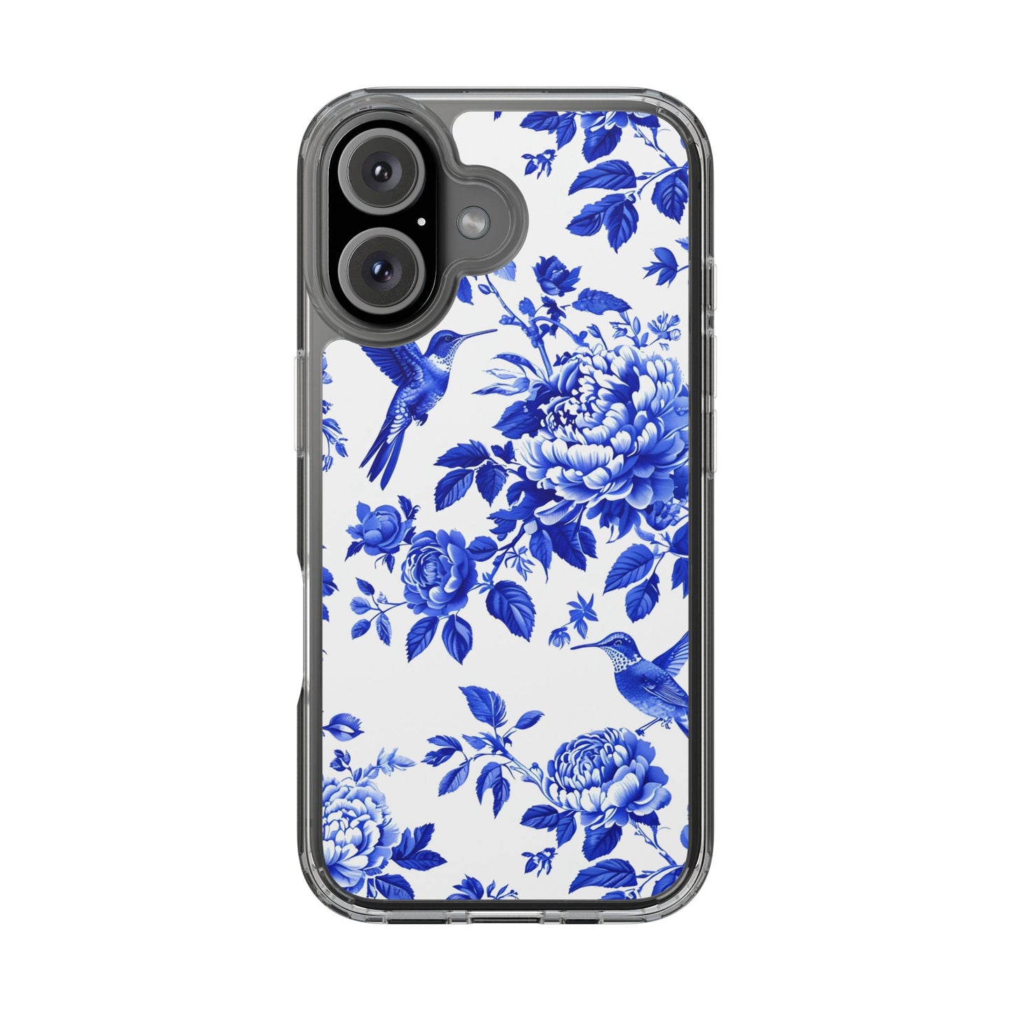 Elegant Floral Clear Phone Case - Blue Hummingbird & Peony Design